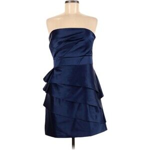 Max & Cleo Cocktail Dress Size 8 Navy Blue Strapless Ruffles Layered Bridesmaid